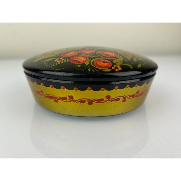 Russian Black Lacquer Round Powder Trinket Box Gold Hand Painted Vanity VTG READ - Picture 7 of 16